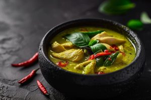 Green Curry au poulet : Curry vert avec poulet et aubergines thaï