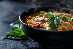 Guay Tiew Gai Mara : Nouilles tendres au poulet, baignées dans un bouillon à la courge amère exotique
